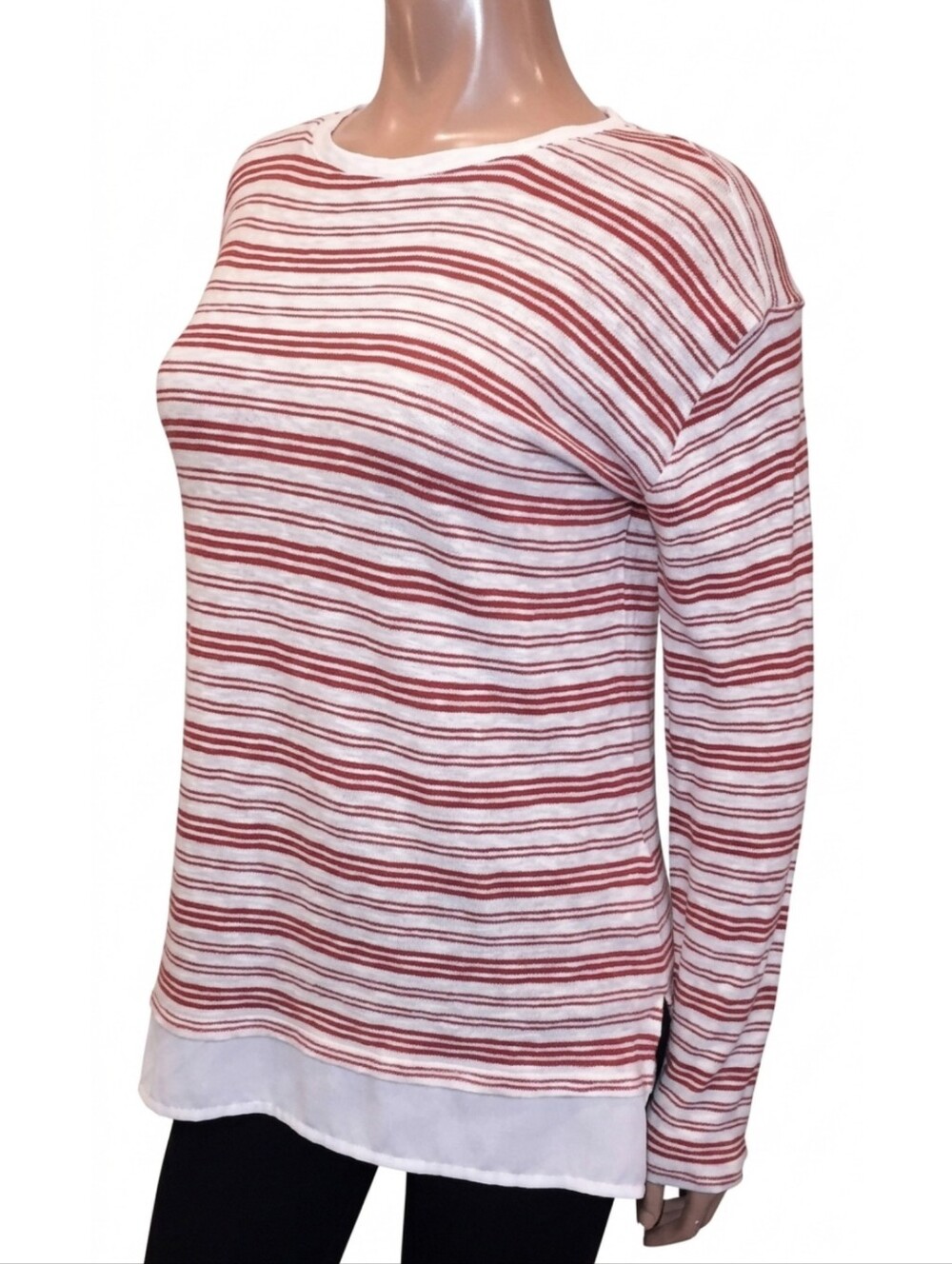 NEW Denver Hayes Striped Knit Top Faux Layered Cotton Burgundy Red White Small